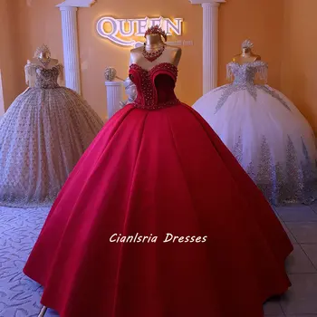 Rdeča Ljubica Brez Rokavov Žogo Obleke Quinceanera Obleke Preprost Saten Beading Biseri Sweet 16 Vestidos De 15 Años