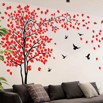 Rdeči Listi Ptica Stenske Nalepke so Odstranljive Vinil PVC Doma Dekor Dnevna Soba Spalnica