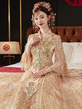 Retro Prefinjenim Stilom Poročiti Cheongsam Zlato Bleščeča Sequins Beading Vezenje Kitajski Visoke Kakovosti Poročna Obleka Nevesta Oblačila