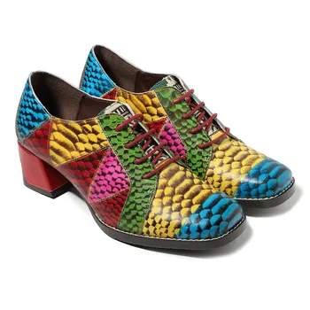 Retro Ženske Črpalke Colorblock Reliefni Pravega Usnja Preplete Votlih Čipke 4.5 CM Debele Visokih petah zapatos par mujer 2020