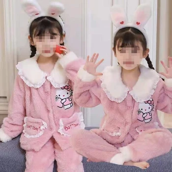 Sanrio Hello Kitty Roza Hlače Pajama otroške Pižame Ženski Zimski Dekleta Baby Plišastih bo Ustrezala Cute Pižamo Otrok Sleepwear