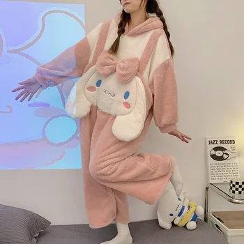 Sanriod Anime Hobi Cinnamoroll Zimske Ženske Enem Kosu Coral Runo Toplo Pižamo in Debele Homewear Darilo za Punco