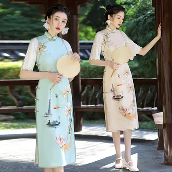 Seksi Šifon Trobenta Rokav Natisnjeni Saten Kitajskih Žensk Cheongsam Elegantno Mandarin Ovratnik Qipao Obleke