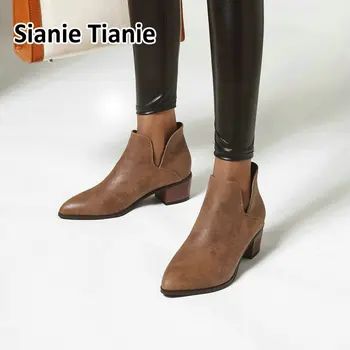 Sianie Tianie 2020 pomlad jesen casual punk V-cut gleženj škornji kvadratnih močen visokih petah luksuzni ženske čevlje slip-on ženska črpalke