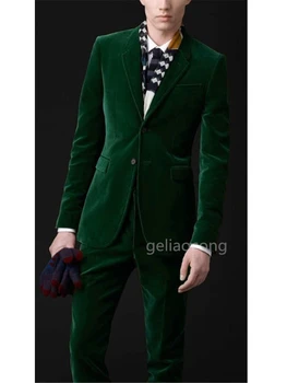Slim fit Zeleno Žametno Moške Obleke za Maturantski Stranko Poroko 2 Kos Dvema Gumboma Moški Modni Suknjič Hlače Elegantno Nevesta Tuxedos