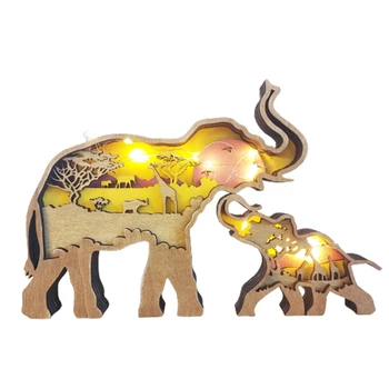 Slon Mater in Otroka Lesa Carvinga Figur z LED Luči, Okraski Doma Dekoracijo Namizni Namizni Dekor Božič Matere