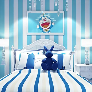 Sredozemsko Modro Ozadje Non-Woven Spalnica, otroška Soba Doraemon Dingdang Mačka Temo Blue Navpične Proge, slika za Ozadje