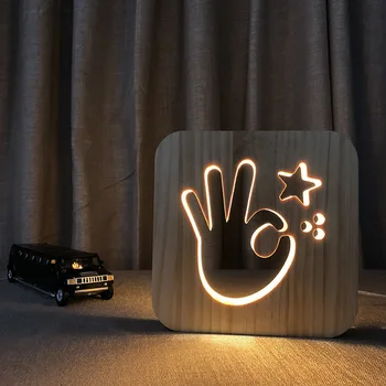 Star OK Strani Gesto Noč Lahka 3D Lesene Lučka Votlih Carving LED Usb namizne Svetilke za Dom Spalnica Dekor Darilo za Otroke