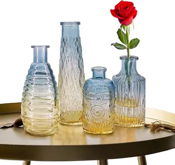 Steklena Vaza Sklop 4, Mala Kmečka Letnik Cvet Steklenico Vaze Reliefni Design Centerpiece Dekor za Dom Poroko Receiption
