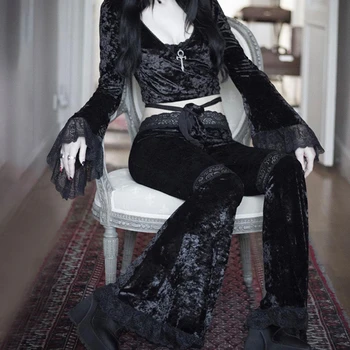 Ulične Ženske Modni Y2K Estetike Dolge Hlače Punk Gothic Obloga Čipke Visoko Pasu Sežgati Hlače Hlače Pantalones Mujer