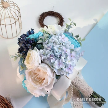 Umetni Hydrangea Rose Berry poročni šopek neveste Holding cvetje, poročni šopek za svate modro bela