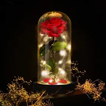Umetni Rdeče Svile Rose Komplet z LED Pravljice Niz Luči, Odpadli listi vrtnice v Stekleno Kupolo na Leseno Osnovo Najboljše Darilo