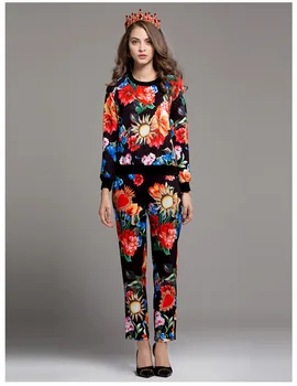 Veliki popusti za ženske blagovne Znamke new visoke kakovosti cvjetnim tiskanja sweatshirts+hlače dva kosa iz Moda obleko za prosti čas