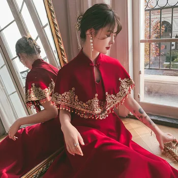 Vezenje Kitajski Slog Poročno Obleko Z Ruto Nevesta Stranka Večerno Obleko Ženske Elegantne Družico Obleke Pozimi Vintage Obleke