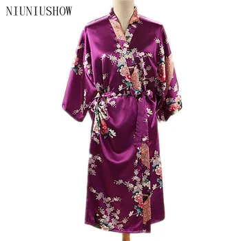 Vijolična Velikost S - XXXL Poletje Seksi Žensk Haljo Rajon Nightgown Tiskanja Dolgo Sleepwear Kimono Kopalne Obleke Cvet Pižamo T006