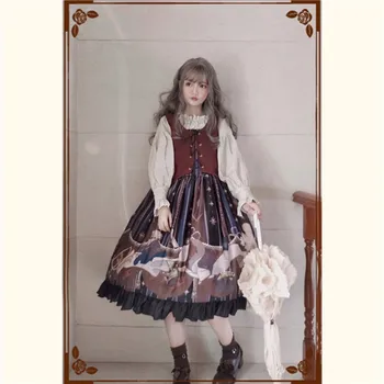 Vintage bowknot srčkan tiskanje Japonski študent visoko pasu princesa viktorijanski trak obleko kawaii dekle gothic lolita cos loli