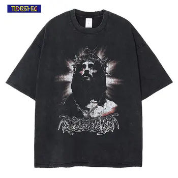 Vintage Moške Gotike T-Shirt Hip Hop Ulične Jezus Portret Grafični T Shirt Harajuku Bombaž Tshirt Moški 2023 Poletje Kratkimi Rokavi