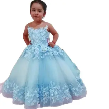Vroče Prodaje Baby Blue Puff Roža Punca Obleke Princess Malčka Obhajilo Rojstni Dan Praznik Haljo De Demoiselle Plus
