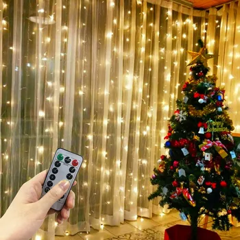 Zavese Niz LED Luči, Božični Okraski, 3x3m Daljinski upravljalnik Počitnice Poročne Pravljice Garland Luči za Spalnico Prostem Doma