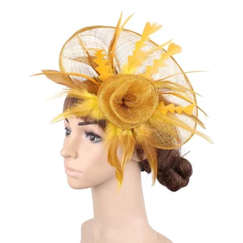 Zlato sinamay fascinator glavo poroko derby velik klobuk s peresom dekor sposa pribor za lase cocktail pokrivala Visoke kakovosti