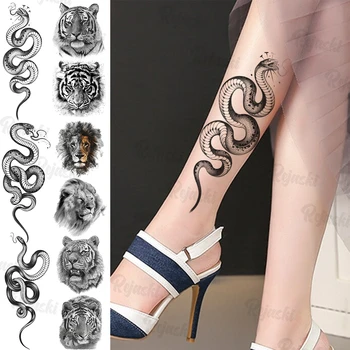 Črna Kača Začasne Tetovaže Za Ženske, Dekleta Realne Lev, Tiger, Kača Ponaredek Tattoo Nalepke, Nogo, Roko Nepremočljiva Tatoos 3D