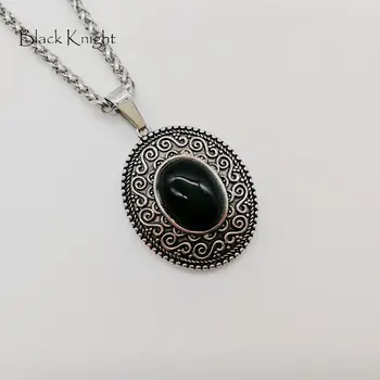 Črni Vitez Letnik srebrna barva nerjavnega jekla Ovalni obesek ogrlica ženska retro črni kamen ovalne ogrlica stilsko BLKN0693