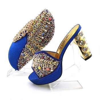 Čudovito royal modre ženske črpalke s kristalno dekoracijo pete slog afriške obleko, čevlji ujemajo torbici set QSL018,pete 10.5 CM