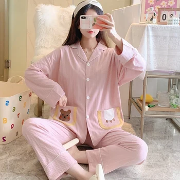 2022 Pomlad Jesen Dolg Rokav Bombaž Pajama Set za Ženske Lepe Risanke Sleepwear bo Ustrezala Pyjama Homewear Pijama Mujer Domov Oblačila
