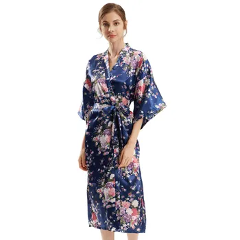 BALDAUREN Poleti In Jeseni Mid-Rokav Simulacije Svile Nightgown Dolgo Cvetlični Tanke Enega Kosa Kimono Cardigan