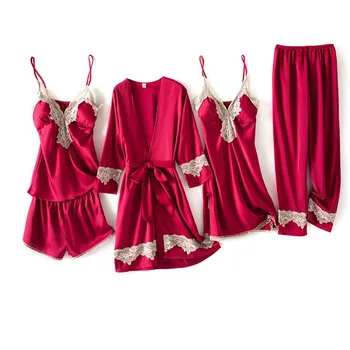 Burgundija Kitajski Ženski Seksi Kimono Kopalni Plašč Obleke Rajon Svile Sleepwear Čipke More Priložnostne Nightgown Poroko Neveste Haljo Set