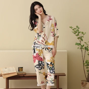 M-3XL Ženske Pižame Nastaviti Poletni Cvetlični Natisnjeni More Homewear Svoboden Pižame Domov Oblačila
