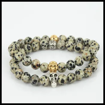 moda beaded zlata/srebrna barva skull head moške čar stretch zapestnica naravnih 8 mm balmatin krog gem kamen kroglice ženske zapestnica