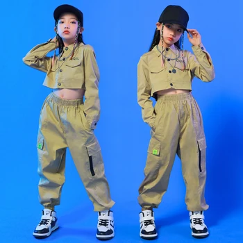 Otroci Kpop Obleke Hip Hop Oblačila Kaki Rastlinske Suknjič Vrhovi Ulične Tovora Joggers Hlače Za Dekleta Najstniških Jazz Plesne Kostume