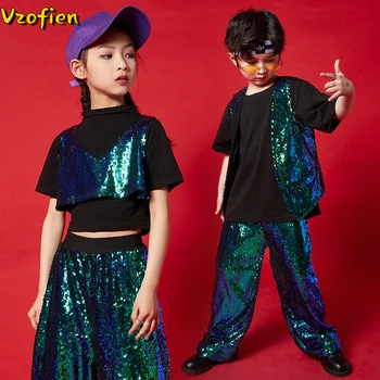 Otrok Sequined Jazz Plesne Kostume Otroci Hip Hop Modnih Oblačil, Dekleta Fantje Jazz Plesne Kostume Ballroom Ples Obleke Nositi