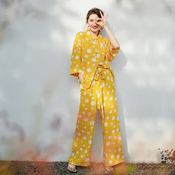 Pomlad Novo Žensk Dolg Rokav Pižamo Polka Dot Tiskanje Viskoze Pijama Mujer 2-Kos Preprost Sleepwear Udoben Dom, Oblačila