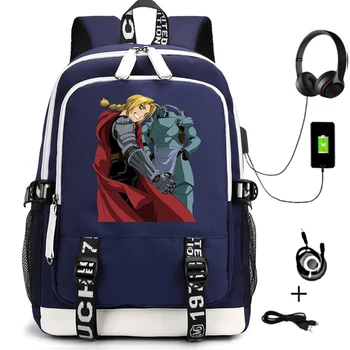 Risanka Nahrbtnik Anime Fullmetal Alkimist Priložnostne Potovanja Šolsko Torbo za Najstnike Unisex USB Prenosnik Ramo Torbe Zadrgo Bookbag
