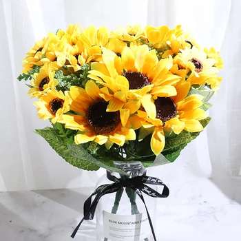 Visoka Kakovost Sončnično Umetno Cvetje Lepa Svila Šopek Doma Vrt Stranko Poroko Ponaredek Cvet Dnevna Soba Dekoracijo