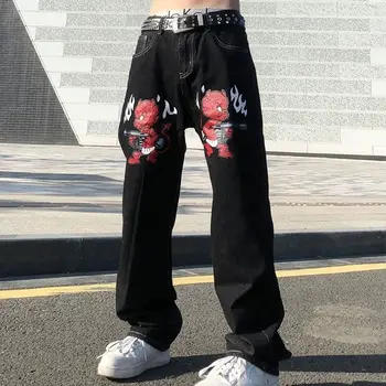 Y2k High Street Jeans Moške Ameriški Retro Moda blagovne Znamke Little Devil Tiskanja Naravnost Kavbojke Svoboden Hiptop Ocvrte Ulica Hlače
