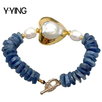 Y·YING na Naravno Modrem Kianit Rondelle Grobo Kultivirani White Pearl sklop Bracelete